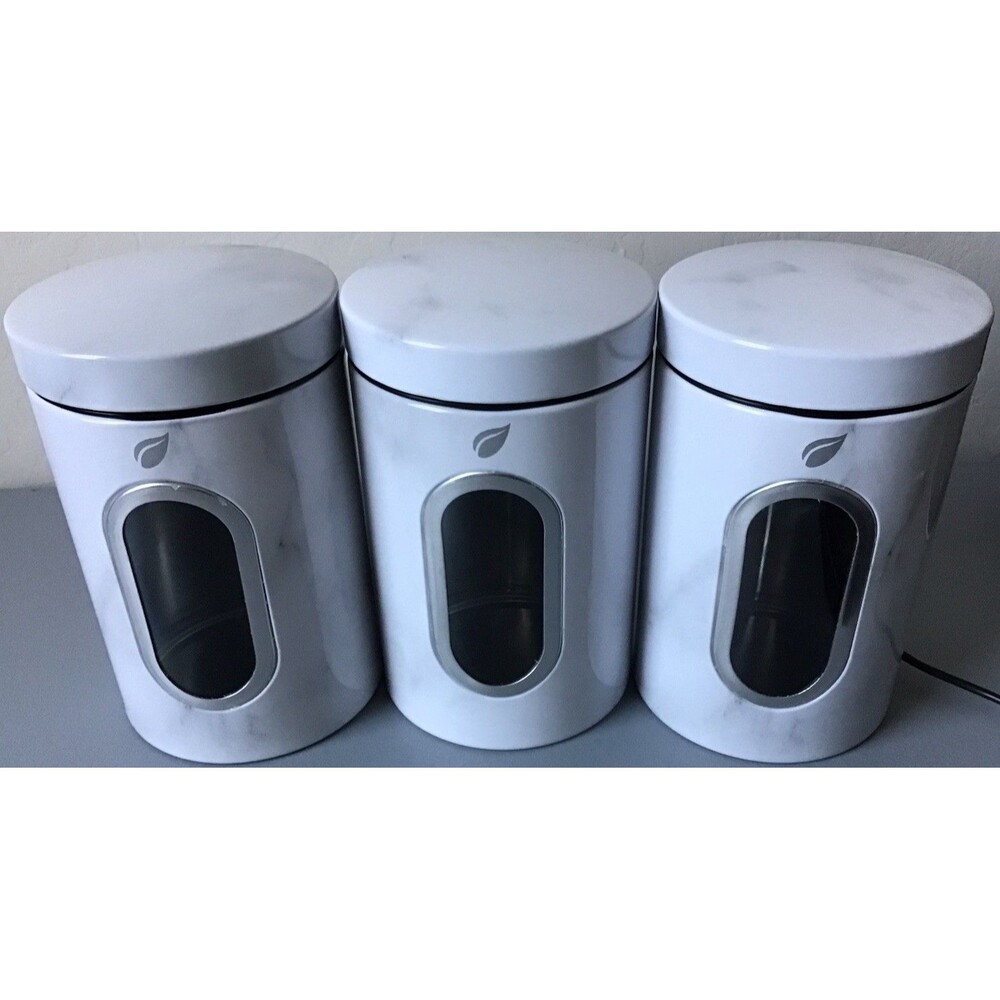 Set of 3 Saf-Care Aluminum Kitchen Storage Canisters - White & Black Marble NEW